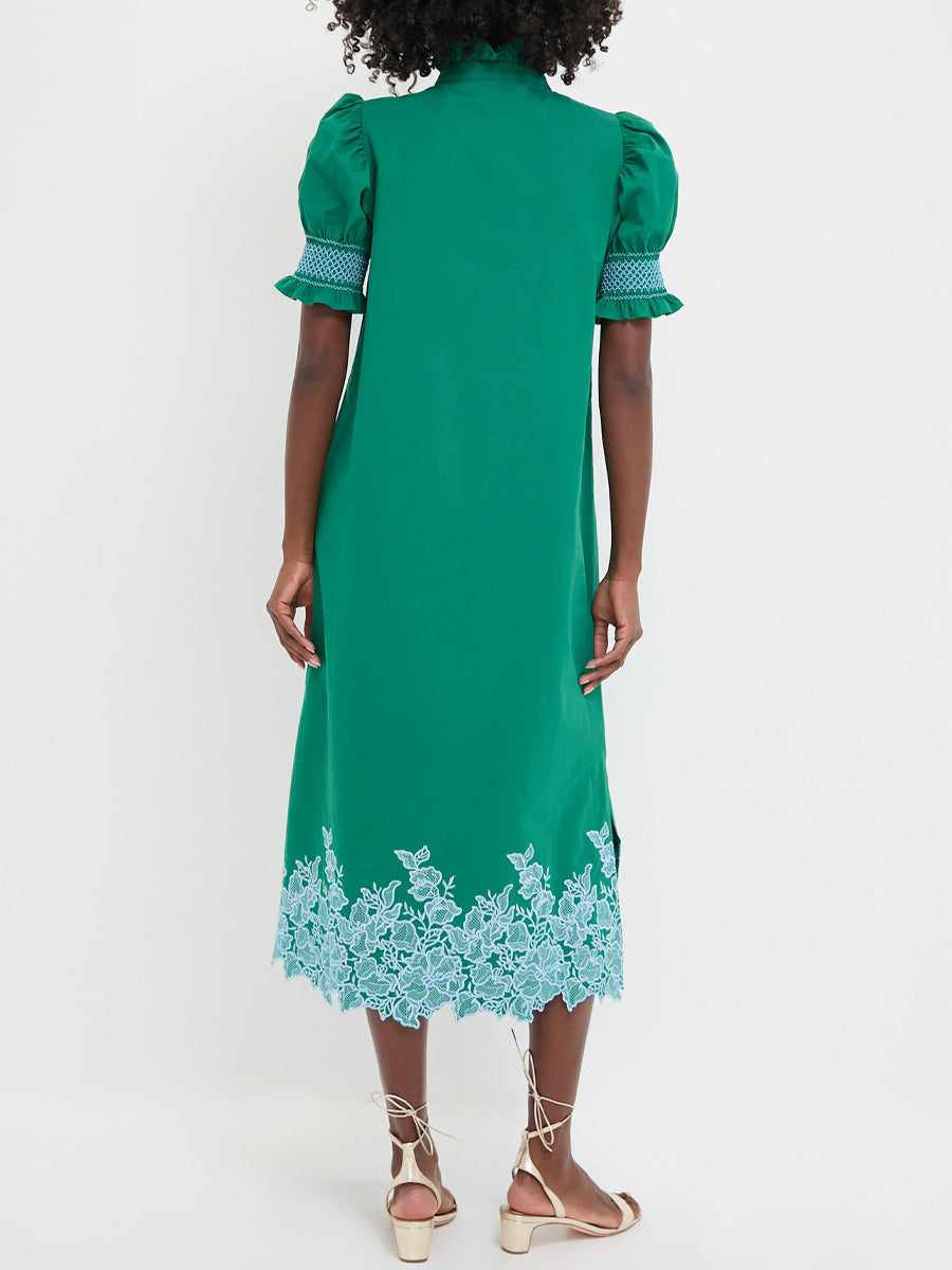 Embroidery Smocked Ruffle Cuffs Midi Dress