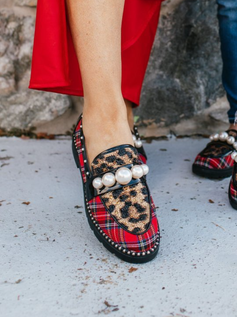 Scottish Plaid Pearl-Embellished Loafers
