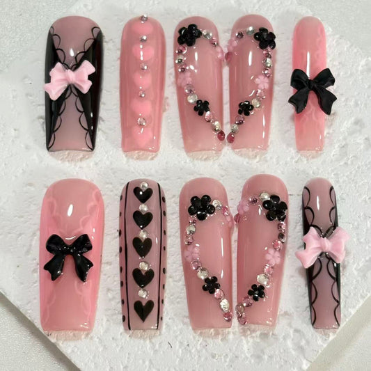 Romantic Handmade Pink Nail Art with Bow, Heart & Floral Embellishments