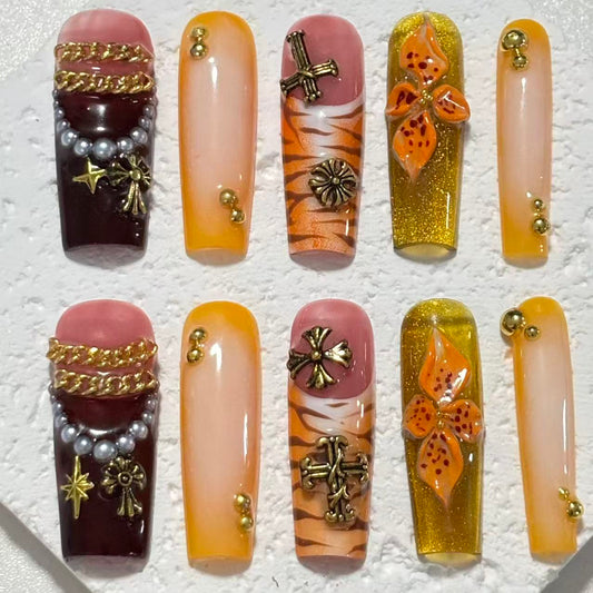 Exquisite Handmade Nail Art: Colorful Fusion with Cross, Flower & Chain Embellishments