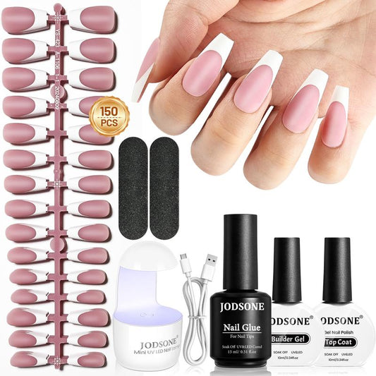 JODSONE 154PCS New Upgrade French Gel Nail Tips Kit French Tip Press on Nails Soft Fack Nail Tips Gel Nail Glue,Builder Gel,Top Coat,Nail Lamp All Included for Nail Art Easy DIY