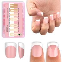 NOVO OVO Short Sharp Square White French Tip Nail Tips Press on BERRY PINK, Need Builder Gel Top Coat Nail Glue, Soft Gel Fake Nail Extension, Full Cover False Nails for Salon DIY x 15 Sizes 240 pcs