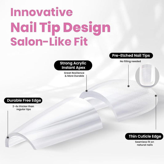 Beetles Tipex Lite Apex Nail Tips, 96PCS 256PCS 512PCS Stiletto Square Almond Coffin Pre-Building Pre-Etched Acrylic Nail Tips for Flat Nails & C-Curves Nail Beds