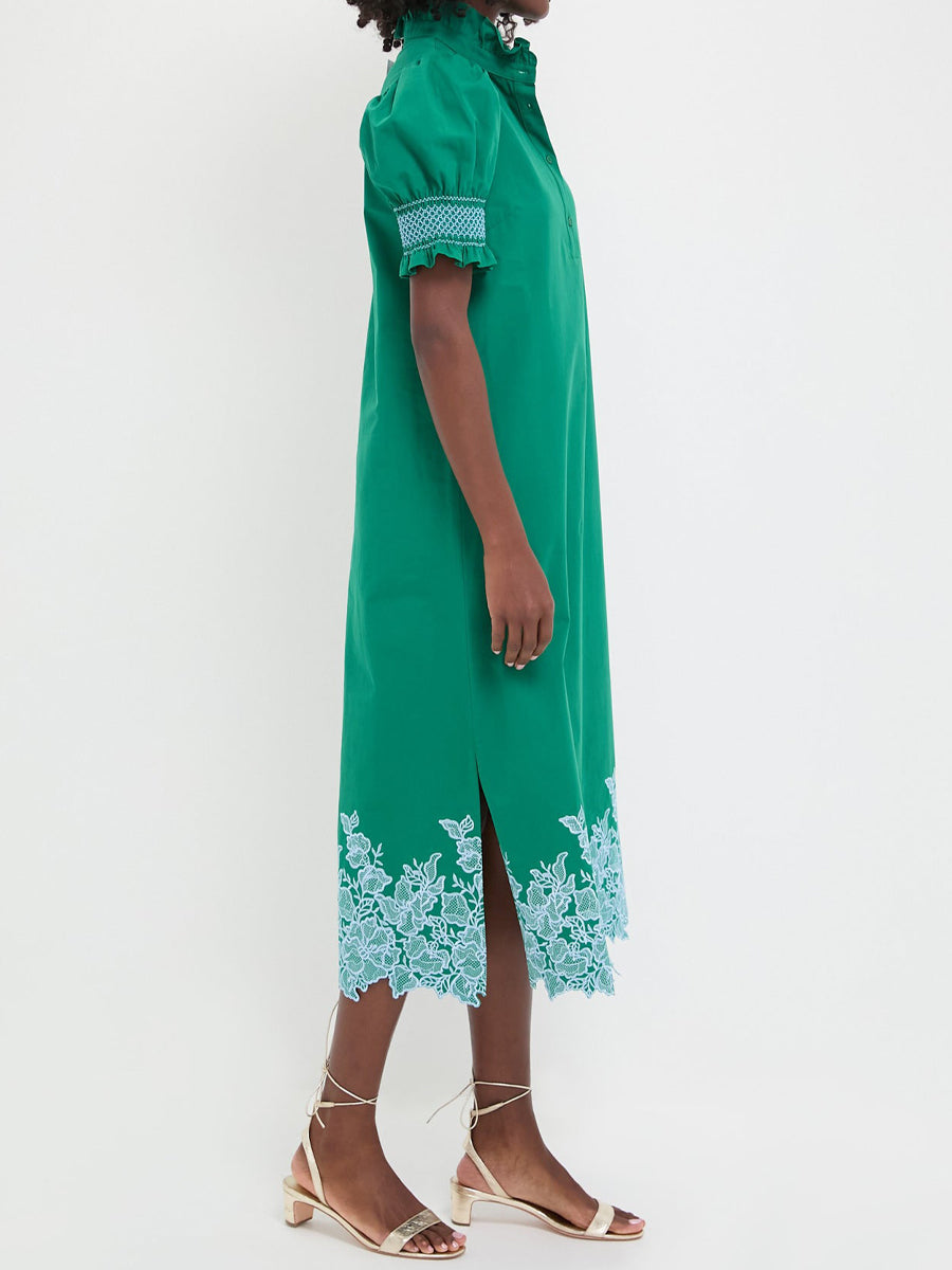 Embroidery Smocked Ruffle Cuffs Midi Dress