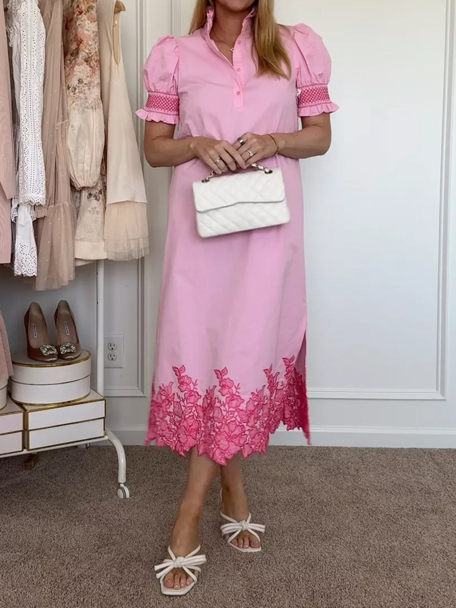 Embroidery Smocked Ruffle Cuffs Midi Dress