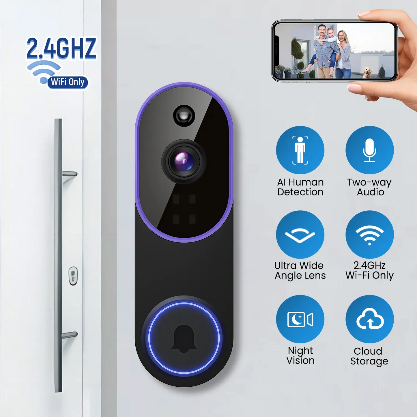 1080P Wireless Video Doorbell Camera, Smart AI Human Detection 2.4G WiFi Only