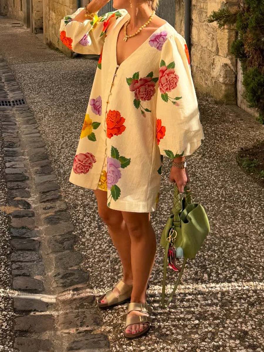 Floral Print V Neck Long Sleeve Mini Dress