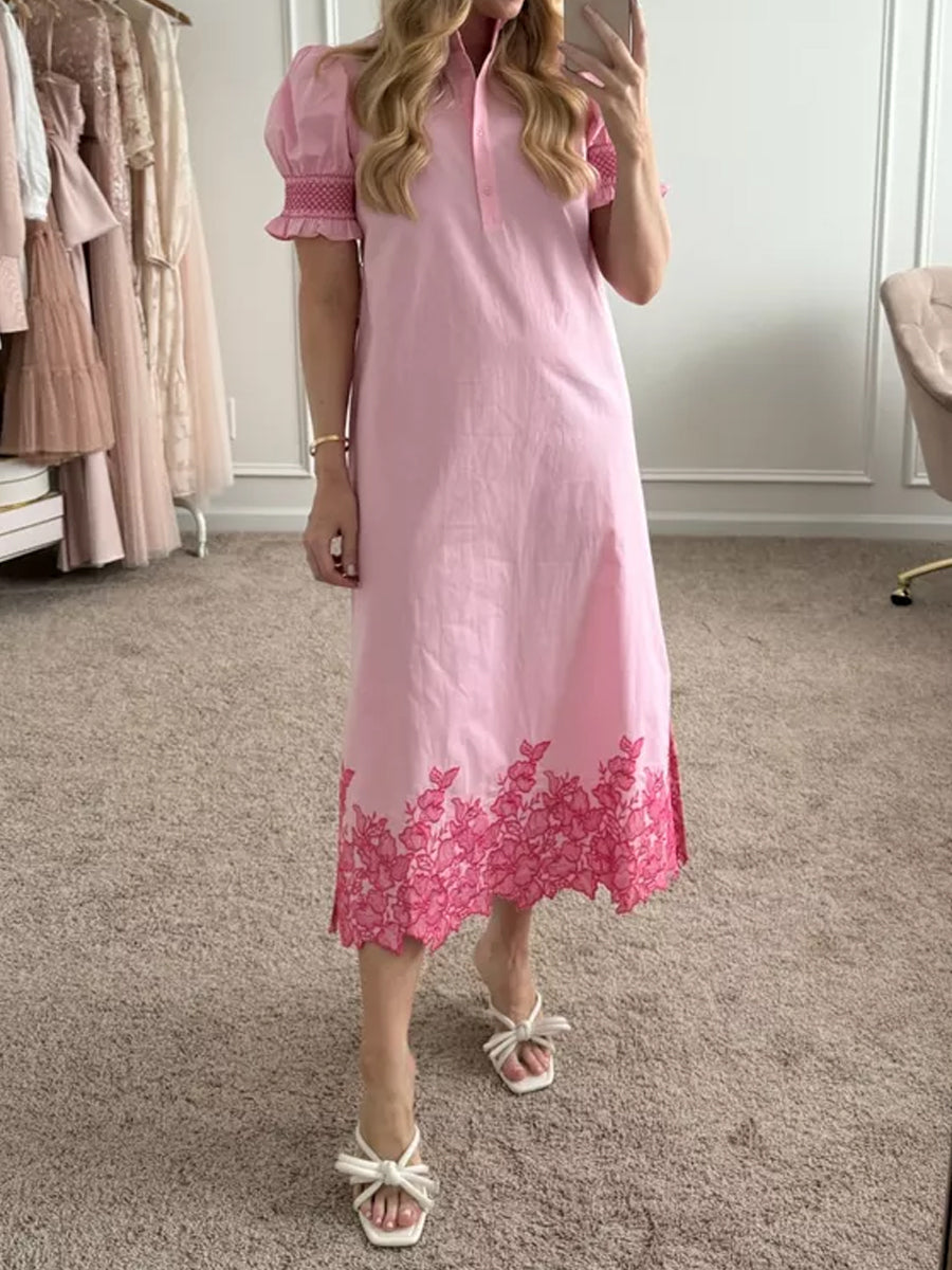 Embroidery Smocked Ruffle Cuffs Midi Dress