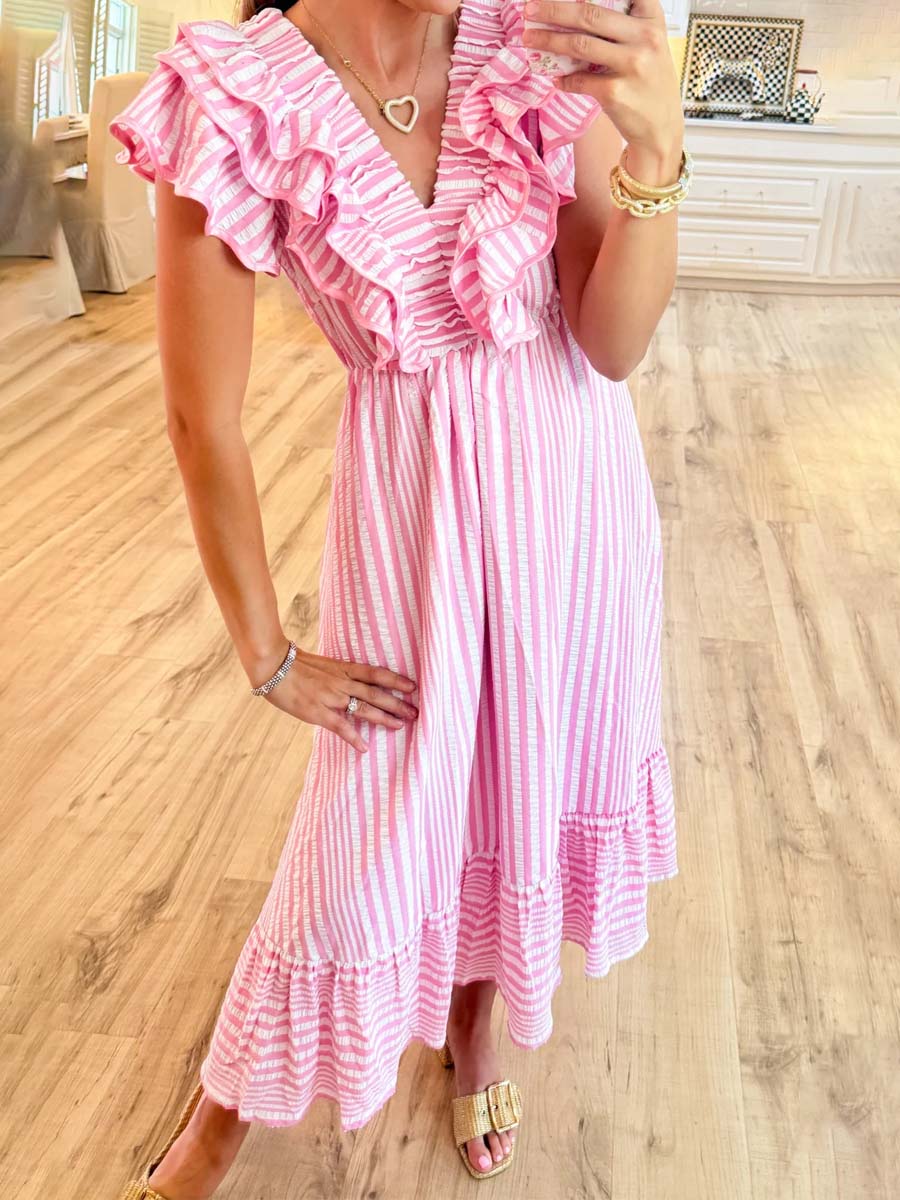Striped Ruffle V Neck Maxi Dress