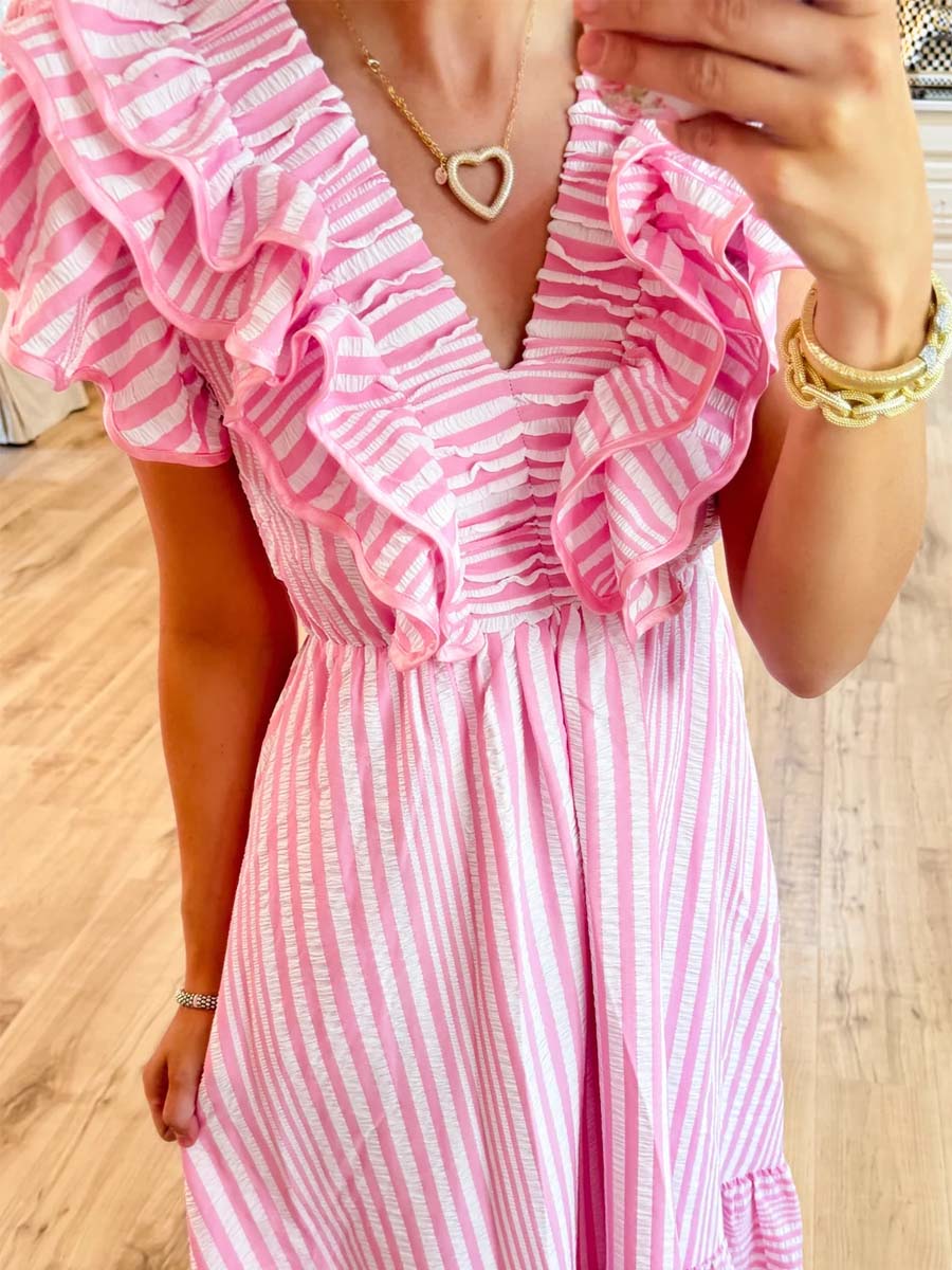 Striped Ruffle V Neck Maxi Dress