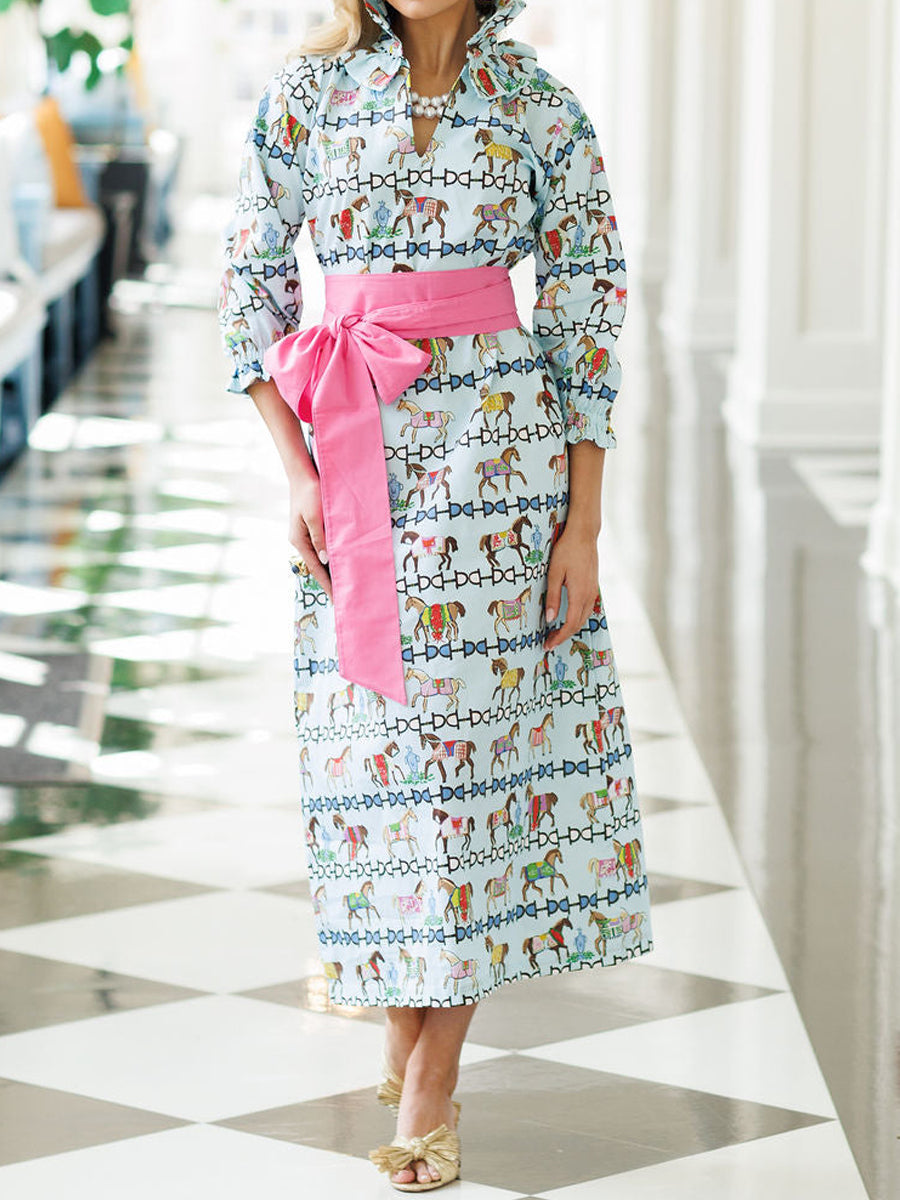 Double Ruffle Collar Printed Maxi Dress