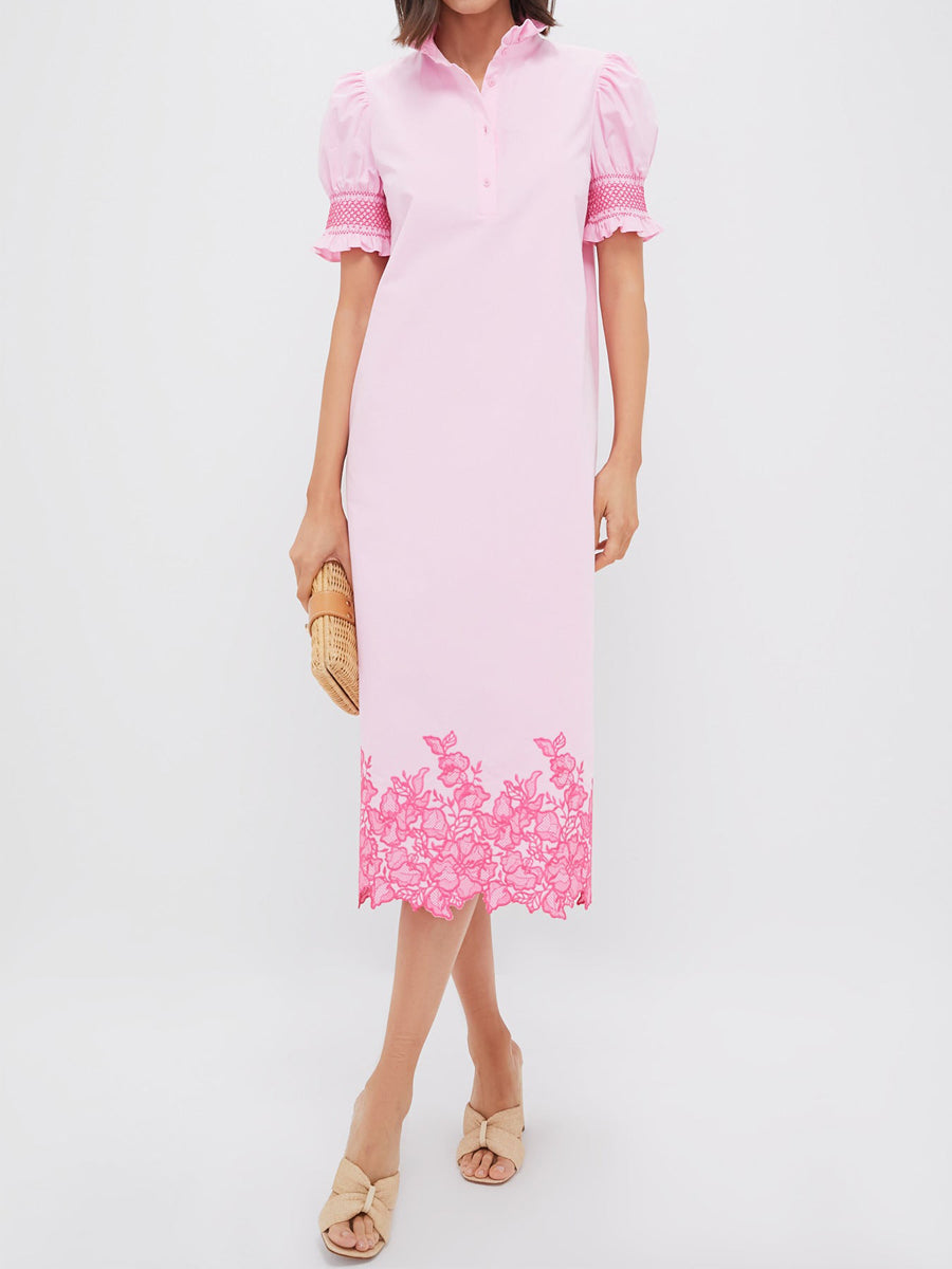 Embroidery Smocked Ruffle Cuffs Midi Dress