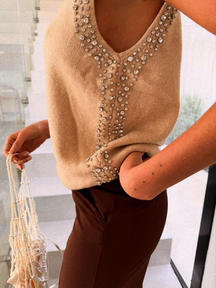 Fashion Round Neck Knitted Beaded Vest