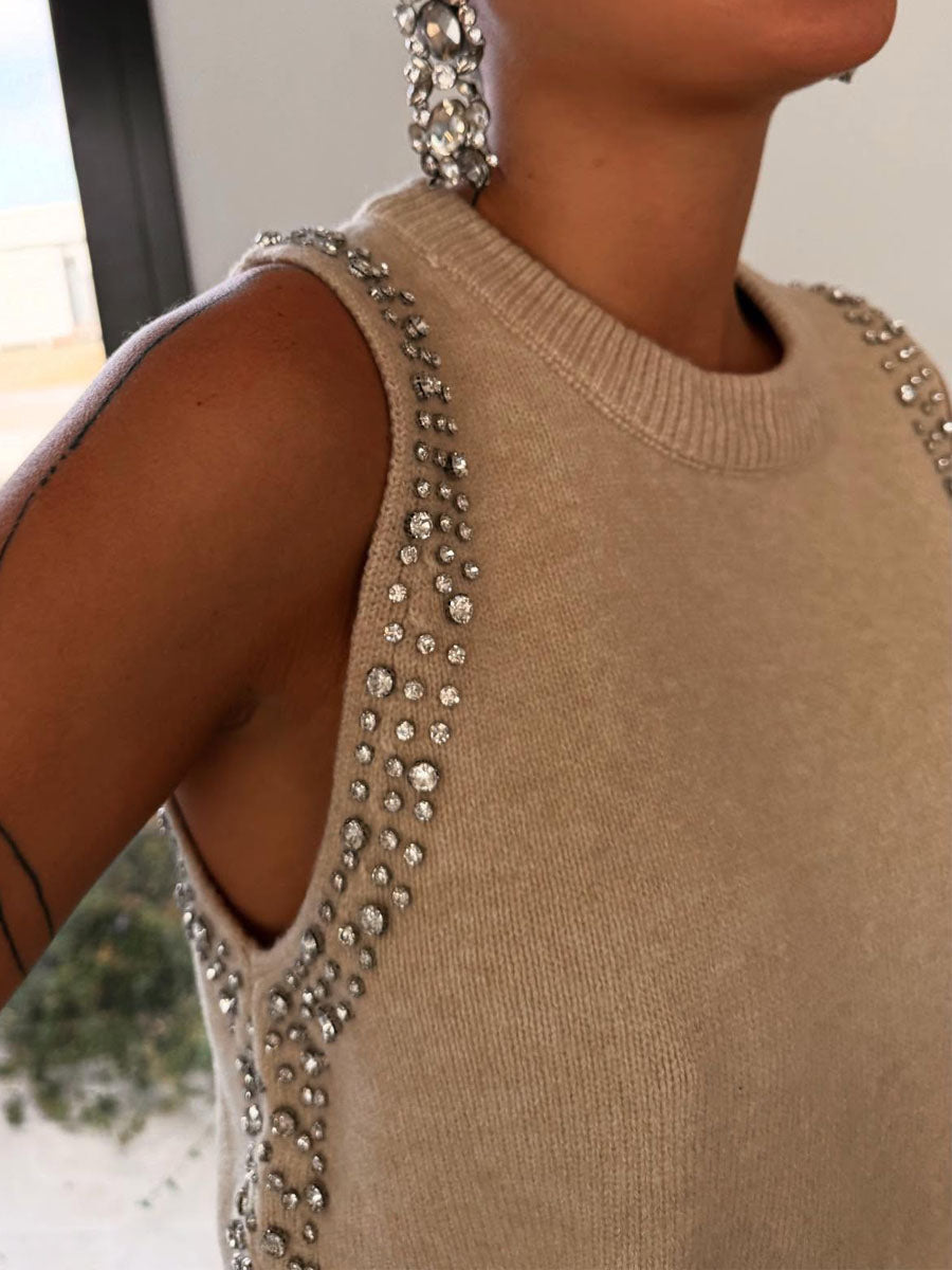 Fashion Round Neck Knitted Beaded Vest