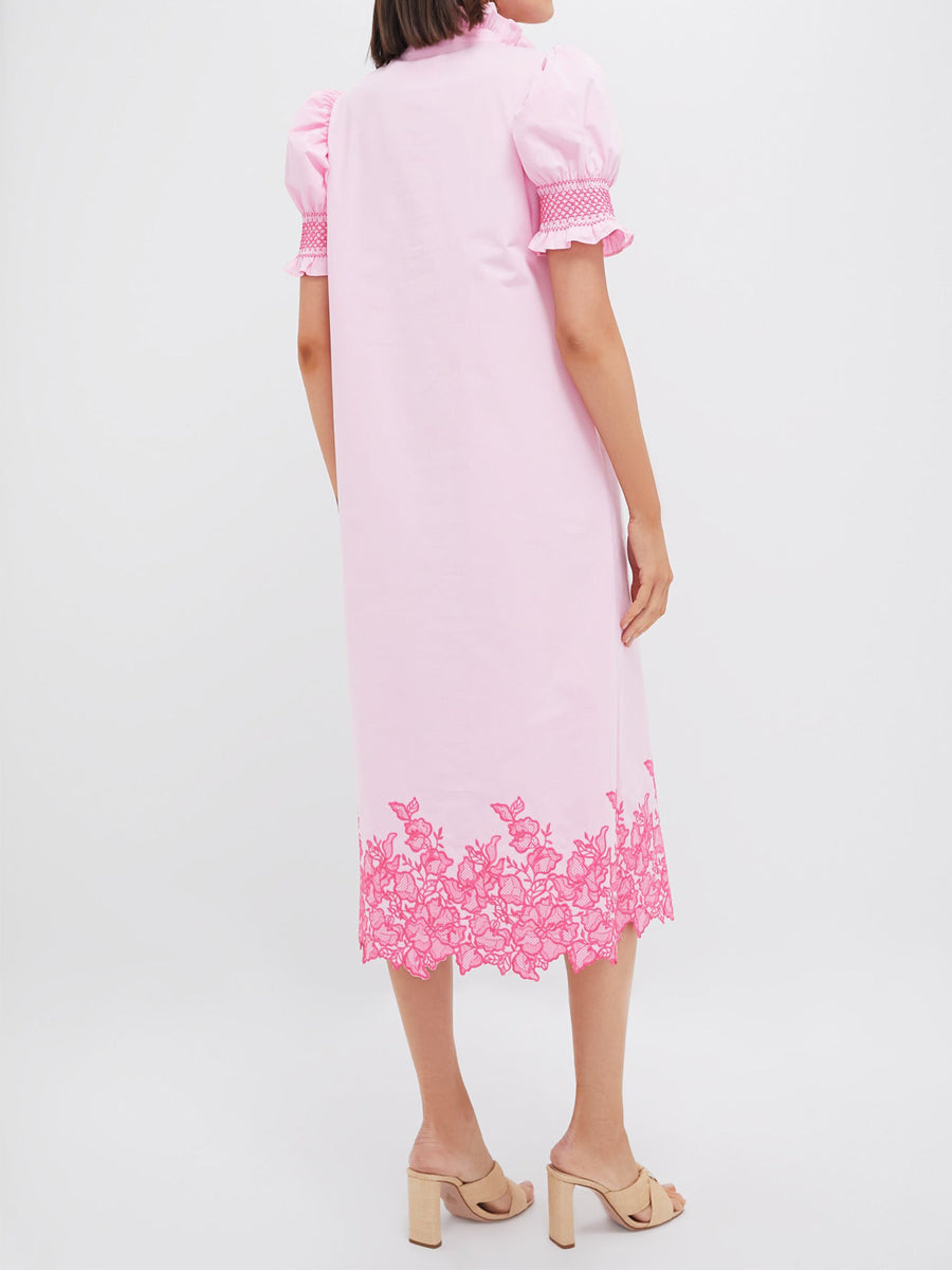 Embroidery Smocked Ruffle Cuffs Midi Dress