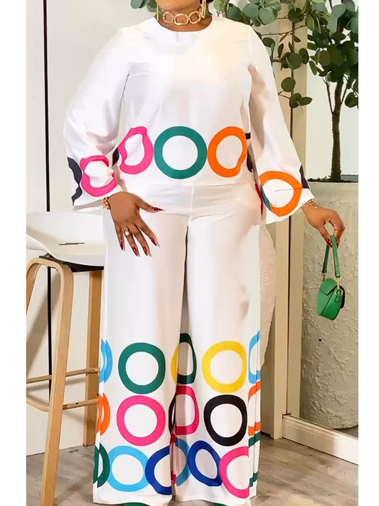 Colorful Ring Printed Horned Sleeve Wide Leg Pants Set
