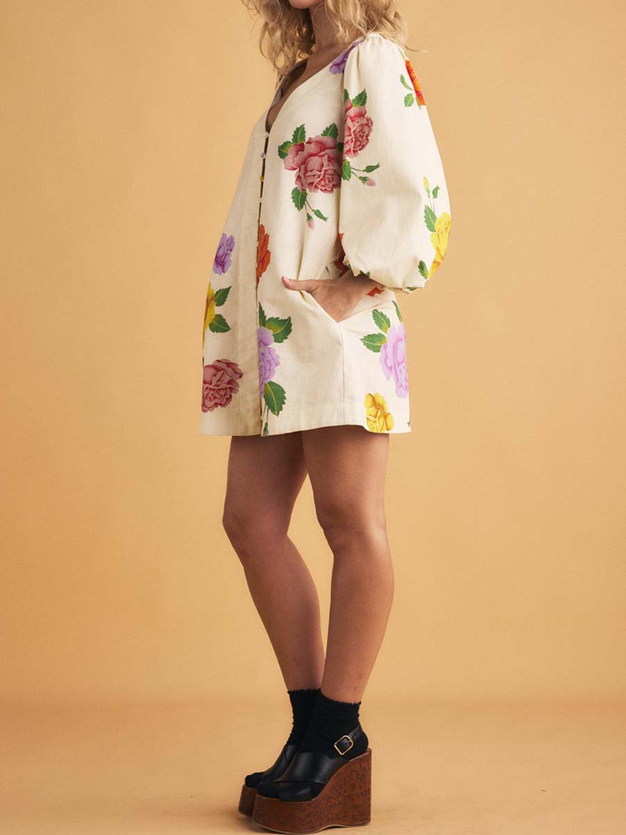 Floral Print V Neck Long Sleeve Mini Dress