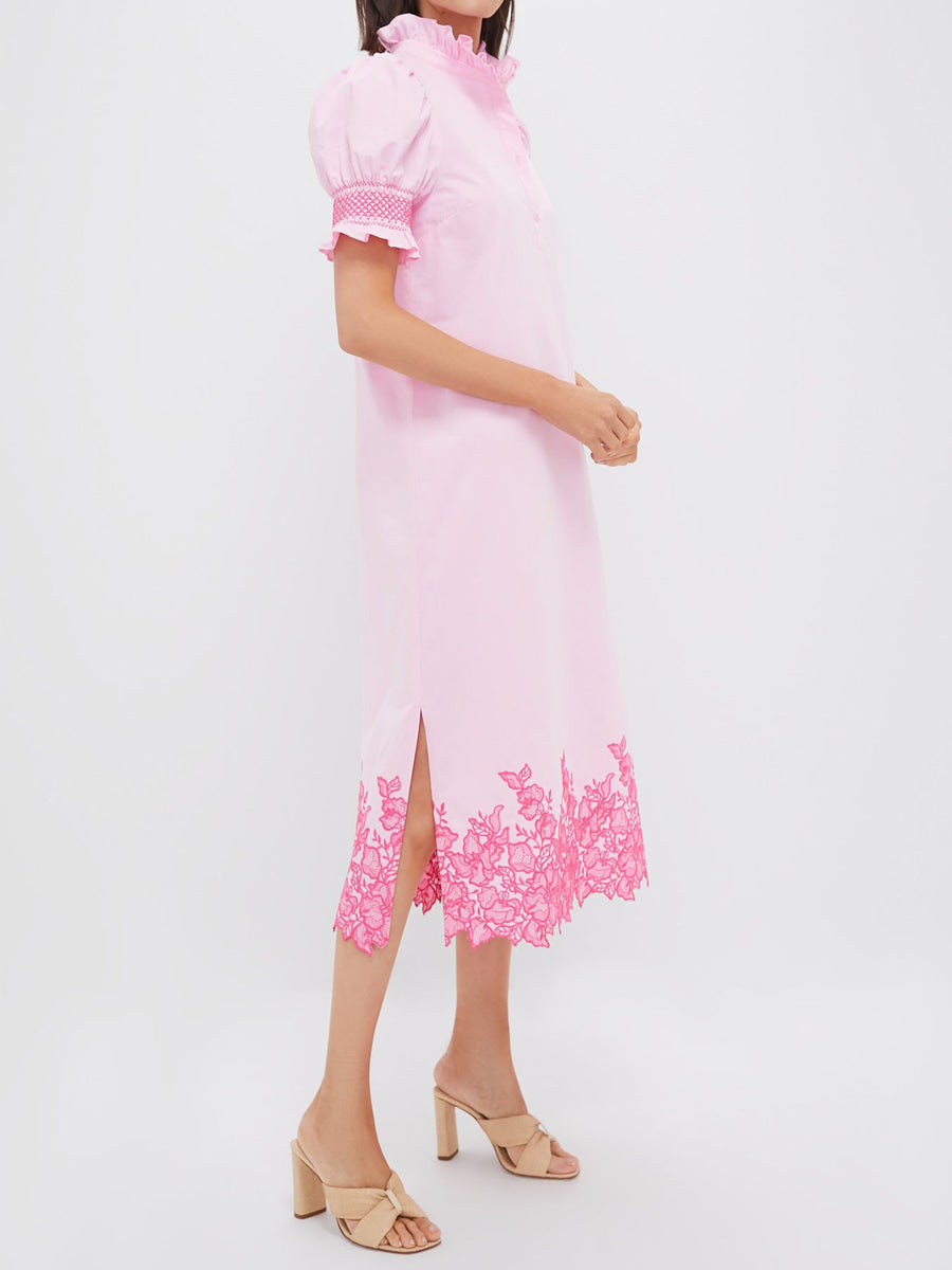Embroidery Smocked Ruffle Cuffs Midi Dress