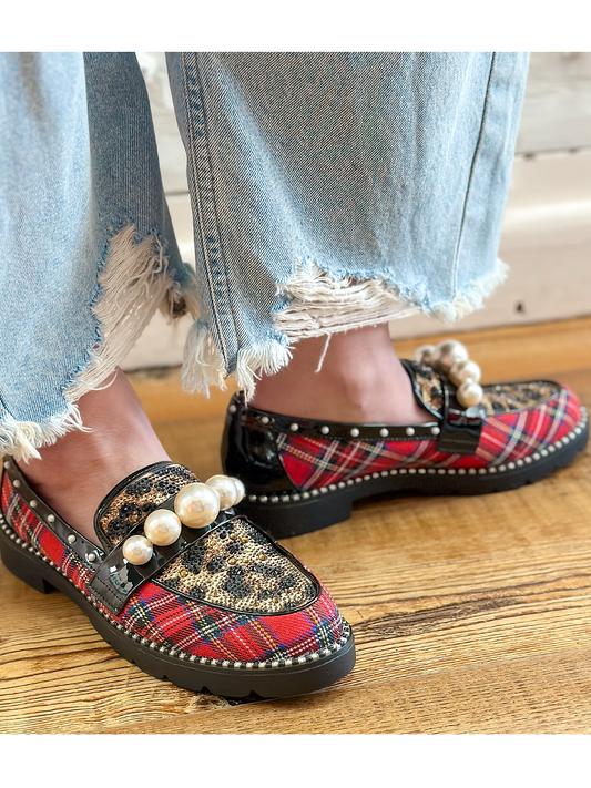 Scottish Plaid Pearl-Embellished Loafers