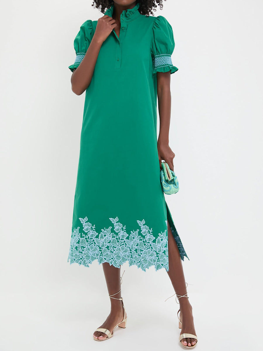 Embroidery Smocked Ruffle Cuffs Midi Dress