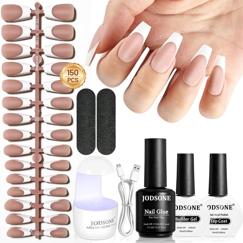 JODSONE 154PCS New Upgrade French Gel Nail Tips Kit French Tip Press on Nails Soft Fack Nail Tips Gel Nail Glue,Builder Gel,Top Coat,Nail Lamp All Included for Nail Art Easy DIY