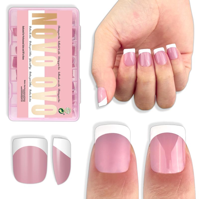 NOVO OVO Short Sharp Square White French Tip Nail Tips Press on BERRY PINK, Need Builder Gel Top Coat Nail Glue, Soft Gel Fake Nail Extension, Full Cover False Nails for Salon DIY x 15 Sizes 240 pcs