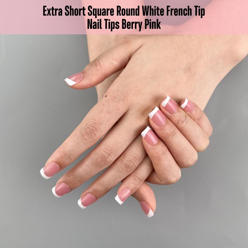NOVO OVO Short Sharp Square White French Tip Nail Tips Press on BERRY PINK, Need Builder Gel Top Coat Nail Glue, Soft Gel Fake Nail Extension, Full Cover False Nails for Salon DIY x 15 Sizes 240 pcs