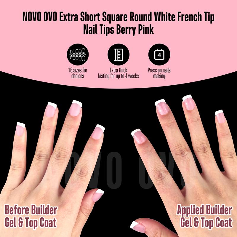 NOVO OVO Short Sharp Square White French Tip Nail Tips Press on BERRY PINK, Need Builder Gel Top Coat Nail Glue, Soft Gel Fake Nail Extension, Full Cover False Nails for Salon DIY x 15 Sizes 240 pcs