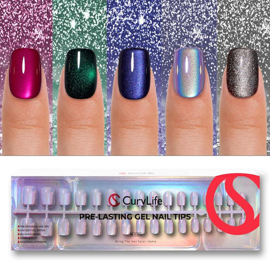 150PCS Cat Eye Press-On Nails Kit, CurvLife Soft Gel Nail Tips with 5 Magical Galaxy Shades – Pink, Emerald, Violet, Ocean Blue & Silver. Shimmering Aurora Cat Eye Effect, 30 Nails Per Style, 15 Sizes for Perfect Fit, Durable & Easy to Apply