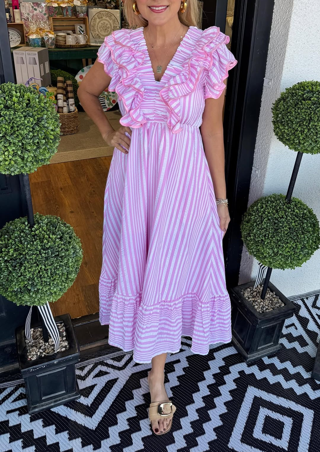 Striped Ruffle V Neck Maxi Dress
